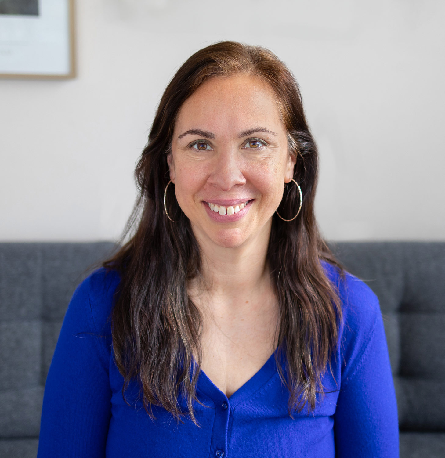 Jane Wyllychuk Headshot, counsellor wearing a dark blue sweater